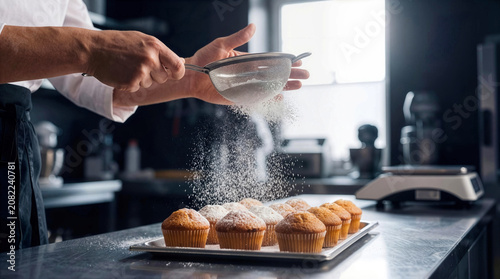 Professional Chef Dusting Powdered Sugar Over Freshly Baked Muffins