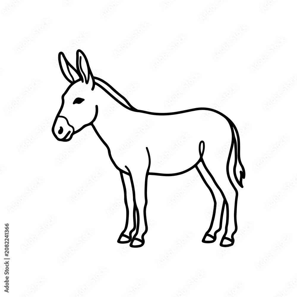 Fototapeta premium Minimalist black and white line of a donkey standing in profile, isolated on a white background, simple animal