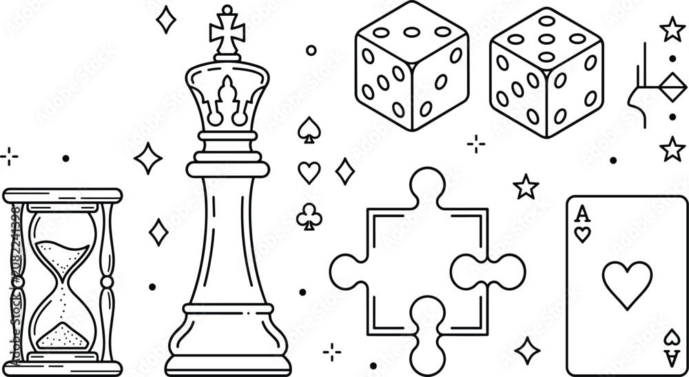 Fototapeta premium Board Games and Strategy Concept Line Art Icons Set