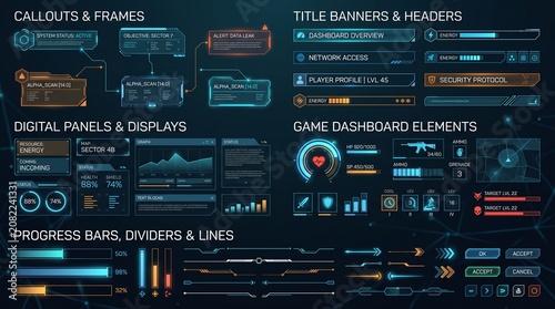 Futuristic UI interface elements. Sci-Fi frames and callouts titles. Digital technology bar, banner, panels, divider, box, high tech lines. Game graphic dashboards. Vector set 