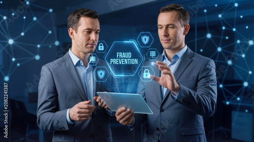 Two Businessmen Analyzing Corporate Cybersecurity and Fraud Prevention System on Digital Tablet