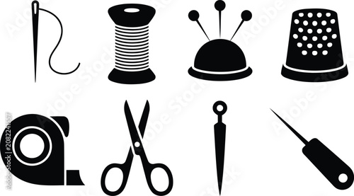 Foto Set of black sewing and tailoring icons including needle thread scissors and thi