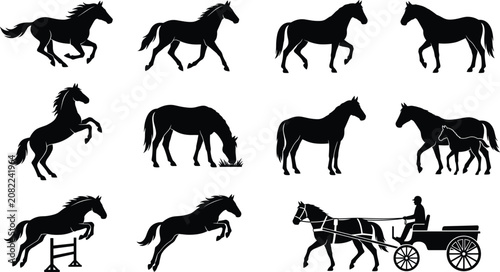 Vászonkép Black Silhouette Icon Set of Horses in Running, Grazing, Jumping, and Carriage S