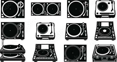 Obraz na plátně Black Silhouette Icon Set of Turntables, Record Players, and DJ Deck Equipment D