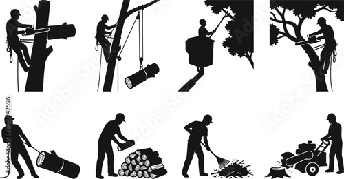 Canvastavla Tree removal and arborist service silhouettes set with professional chainsaw cut
