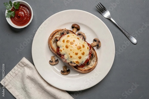 Zapiekanka on white plate, toasted baguette topped with fried egg, mushrooms, melted cheese, served with bowl of ketchup and parsley. Concept of toasted baguette with mushrooms cheese ketchup.
