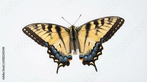Top view of a yellow swallowtail butterfly with black stripes isolated on a clean white background