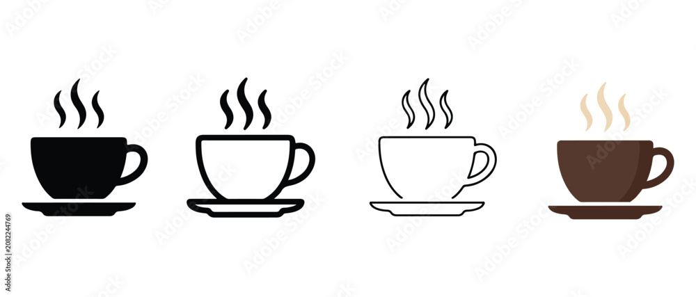 Fototapeta premium coffee cups with steam rising from them in different colors and line styles on white background