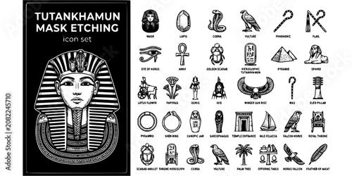 Foto Tutankhamun Mask Etching Black White-Lapis Cobra Uraeus Vulture Headdress-Royal