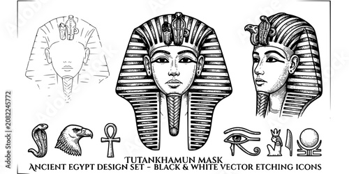 Schilderij op canvas Tutankhamun Mask Etching Black White-Lapis Cobra Uraeus Vulture Headdress-Royal