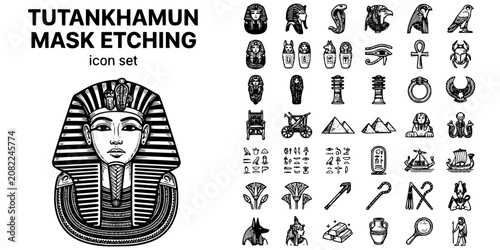 Fotografie Tutankhamun Mask Etching Black White-Lapis Cobra Uraeus Vulture Headdress-Royal