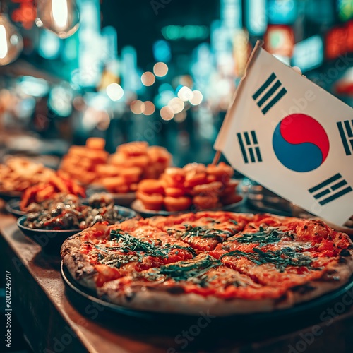 A close-up of a delicious pizza and other foods on a wooden table, with a South Korean flag and vibrant city lights in the background.