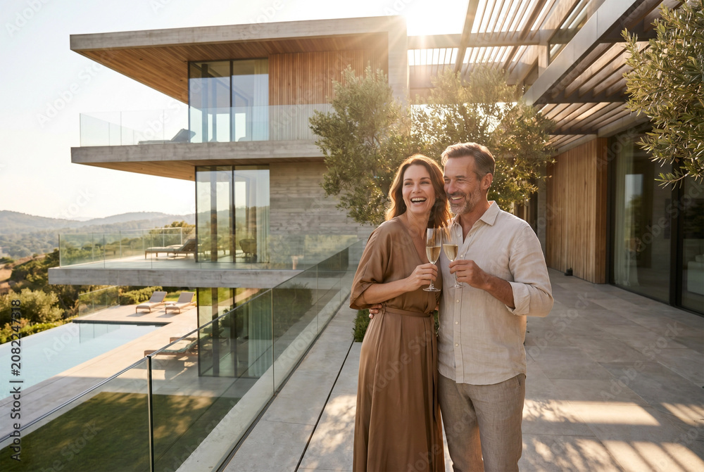 Fototapeta premium Happy couple enjoying champagne on a luxurious modern home terrace with stunning natural views at sunset