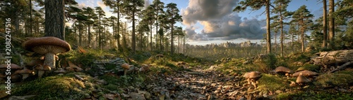 Panoramic view of a forest clearing with mushrooms and moss