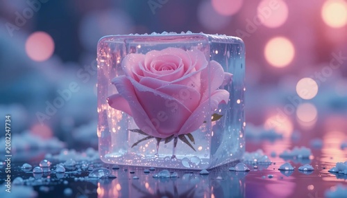 Pink rose encased in icy crystal glow