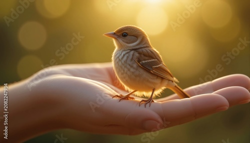Tiny songbird resting on hand at sunset