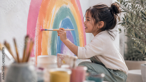 A happy girl painting a colorful rainbow on a white wall with a brush. Creative childhood art project and house decoration concept for spring