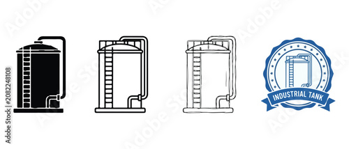 Industrial tank icons in different styles with a logo  industrial equipment illustrations