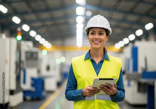 Female industrial engineer using a tablet in a manufacturing plant