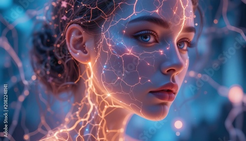 Futuristic woman with glowing neural circuit patterns