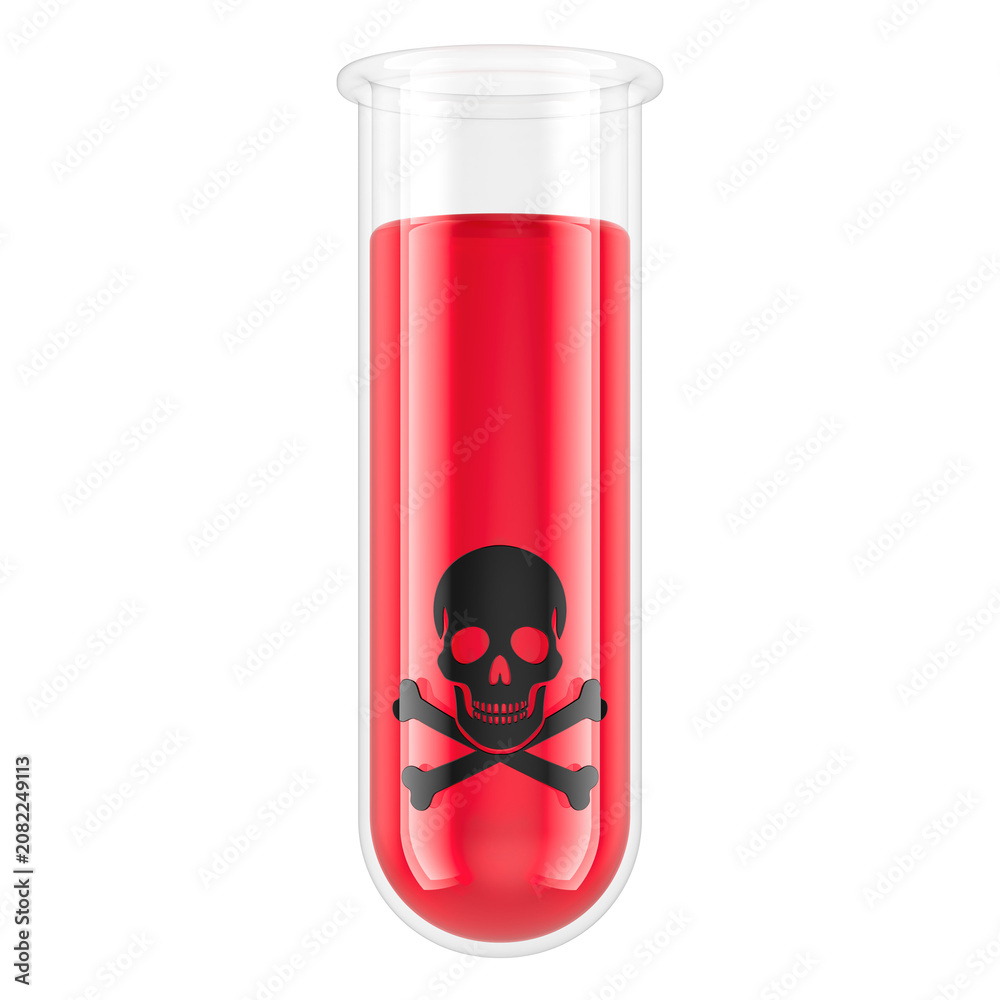 Obraz premium Toxic red liquid test tube with skull hazard symbol. 3D rendering