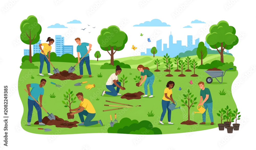 Fototapeta premium People Planting Trees in Urban Park Environmental Protection and Sustainability Vector Illustration Poster
