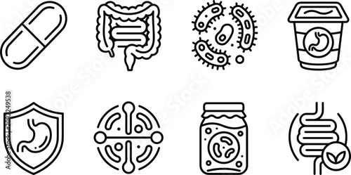 Canvastavla Gut health and probiotics vector line icons set featuring digestion stomach prot