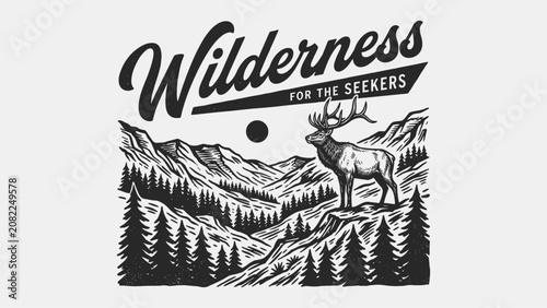 Bild auf Leinwand Vintage wilderness for the seekers elk deer mountain landscape illustration with