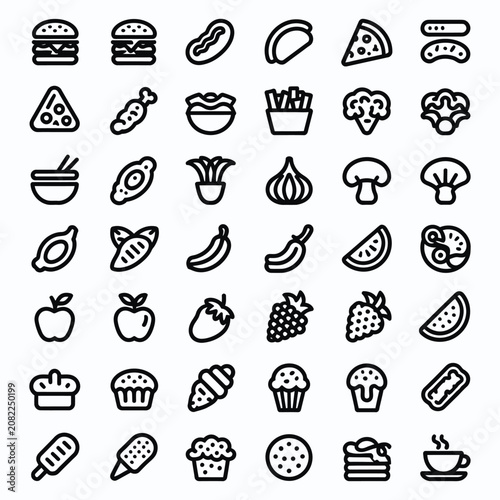  Food and Drink Outline Icon Set – Fast Food, Fruits, Vegetables and Desserts