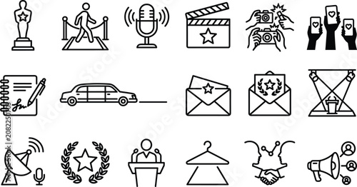 Foto Hollywood movie premiere and entertainment celebrity award show line icon set wi