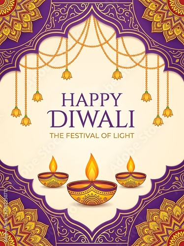Happy diwali greeting card design with decorative diya lamps and floral mandala