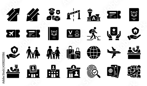Bild auf Leinwand Glyph Migration Icon Set with Passport Visa Airport and Immigration Symbols