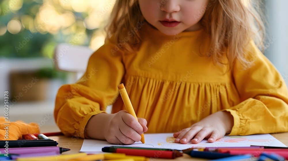 Obraz premium Young child focused on coloring with crayons at a wooden table under soft natural light with blurred background