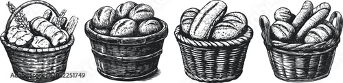 This detailed black-and-white sketch features a series of baskets filled with fresh fruits and vegetables, capturing a rustic, communal harvest vibe perfect for food and farming themes.