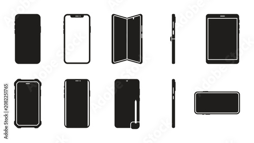 Modern Smartphone and Tablet Device Icon Set Including Foldable Phones and Mobile Gadget Silhouettes