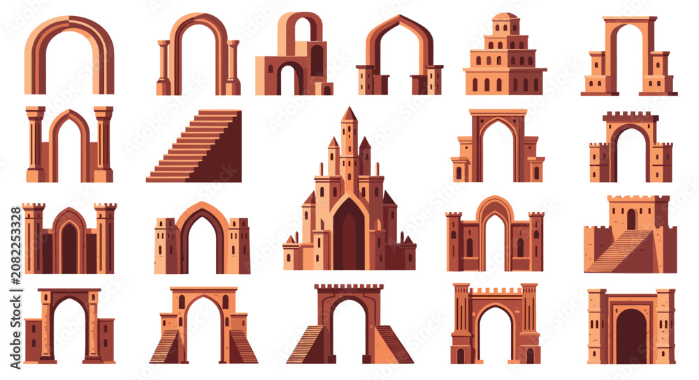 Fototapeta premium Collection of ancient architectural structures and gates in pixel art style featuring arches, towers, and medieval castle designs.