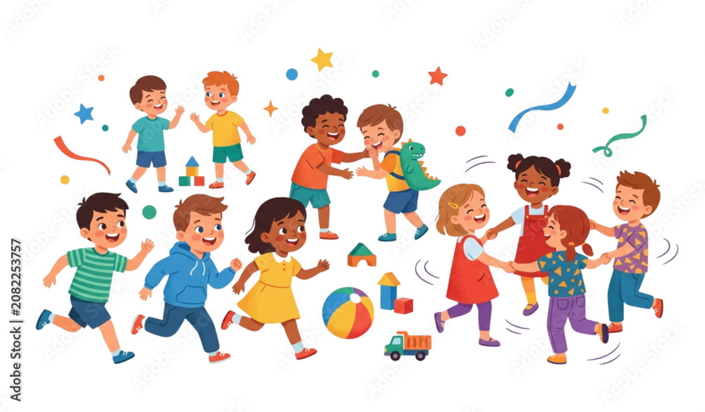 Fototapeta premium Energetic Kindergarten Children Group Playing Laughing and Dancing Flat Vector Cartoon Illustration Set