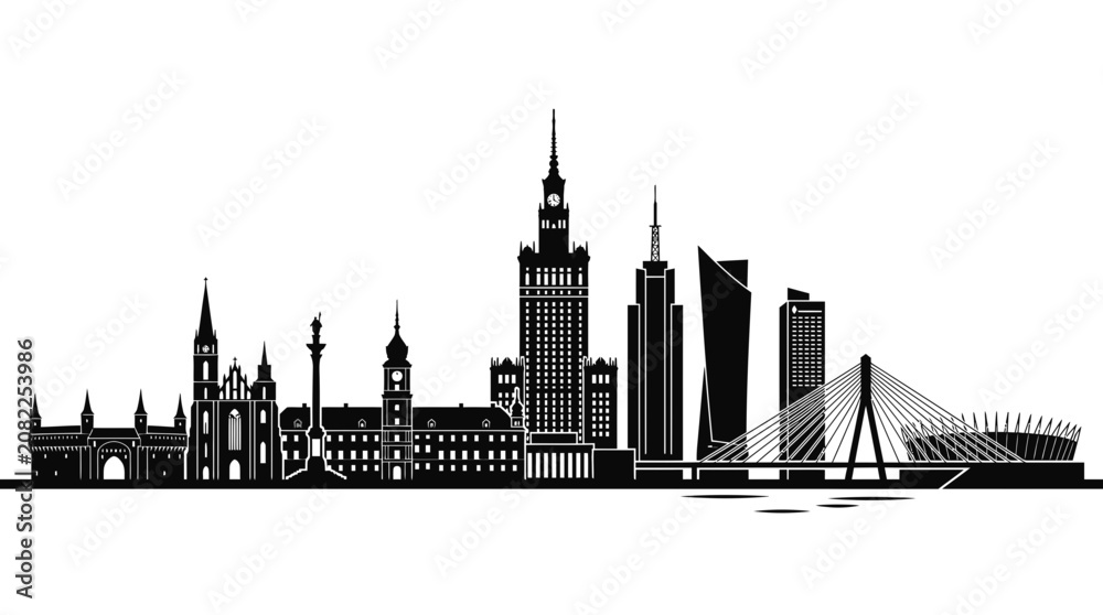 Naklejka premium Warsaw Skyline Silhouette: Iconic Landmarks and Modern Architecture