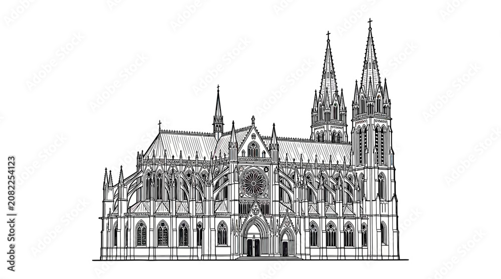 Fototapeta premium Gothic Cathedral Facade Drawing, Architectural Sketch, European Landmark