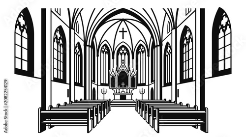 Foto Gothic Church Interior with Pews and Altar - Line Art