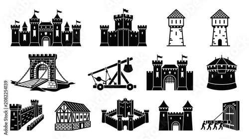 Fotografie Medieval Castle Icons Set: Fortifications, Towers, Siege Weapon, Gatehouse