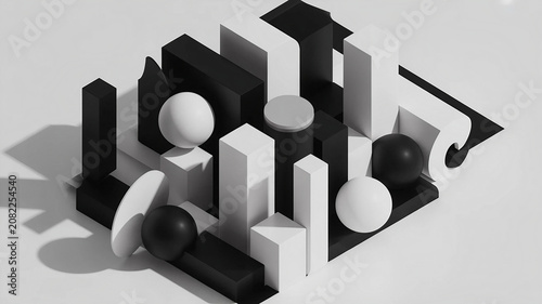 Abstract composition of 3d geometric shapes in black and white