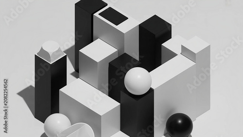 Abstract 3d shapes with black and white blocks and spheres
