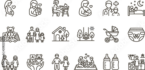Schilderij op canvas Parenting and Childcare Icon Set Featuring Family Care Newborn Development Paren