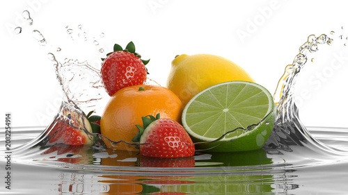 Fresh strawberries and citrus fruits splashing in water