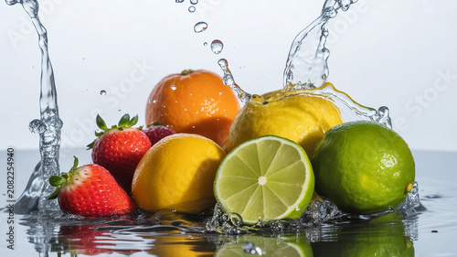 Fresh mixed fruits splashing in clear water