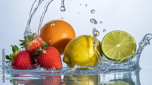 Fresh mixed fruits with water splash