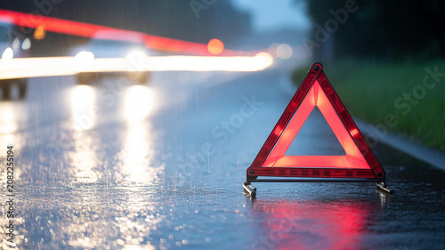 Red warning triangle sign on a wet road at night