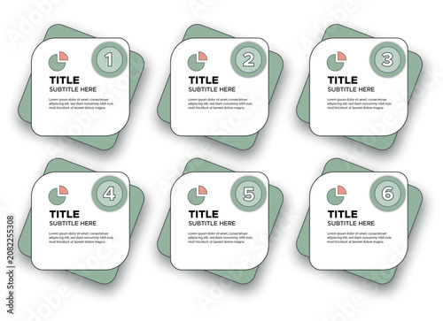 6 Steps Modern Infographic Presentation Template with Layered Square Text Boxes, Numbered Data Charts, and Clean Minimal UI Layout