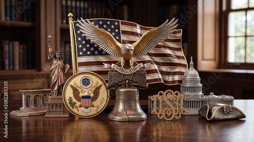 American patriotic symbols on a table in a library